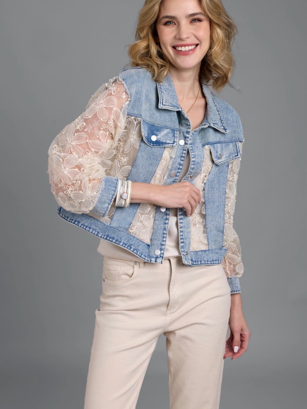 SAACHI Light Blue Denim Jacket with Ivory Lace Sleeves
